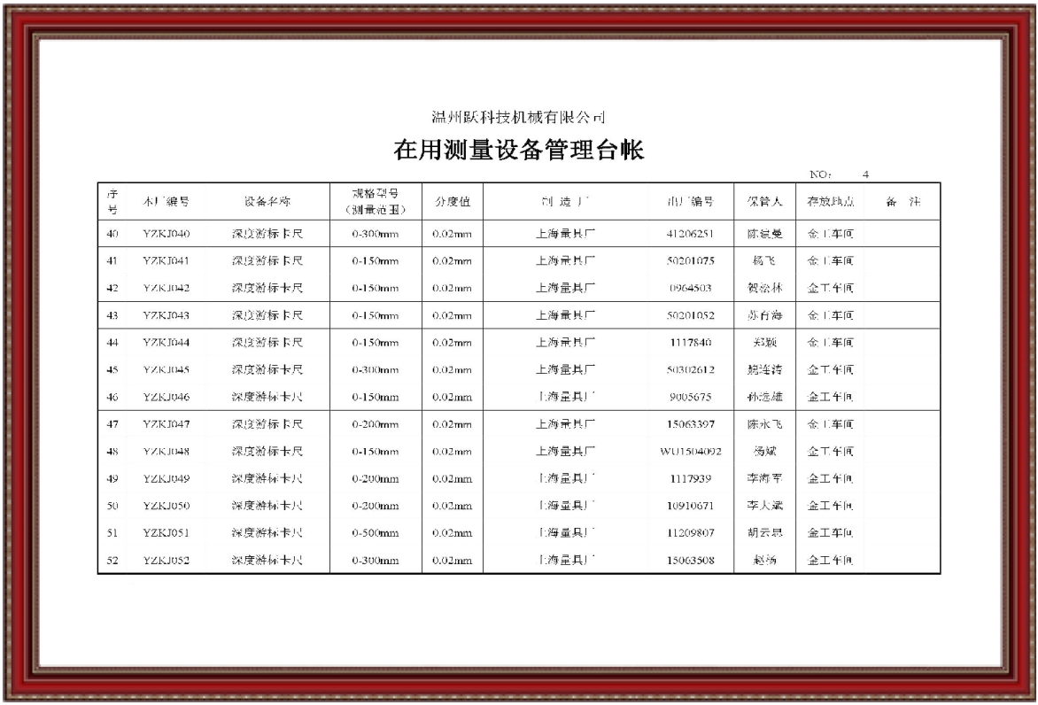 在用測量設備管理臺賬4